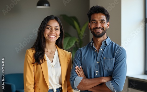 Smiling diverse colleagues standing in meeting room, vertical portrait. Happy confident international business team people two Indian and African American coworkers leaders standing in office.