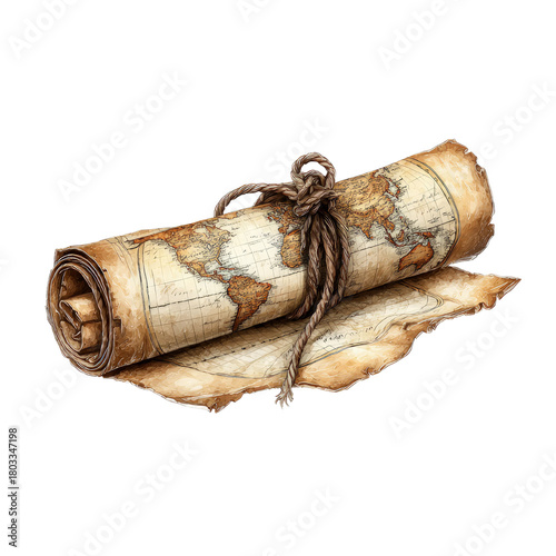 Ancient World Map Scroll Tied with Rope