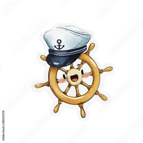 Cute Cartoon Ship's Wheel with Captain's Hat