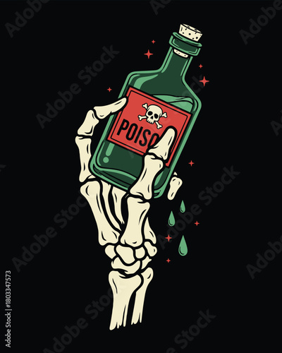 Skeleton Hand Holding Vintage Poison Bottle with Skull Label