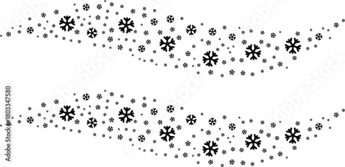 Abstract black and white design with two wavy bands of Maltese crosses and dots.