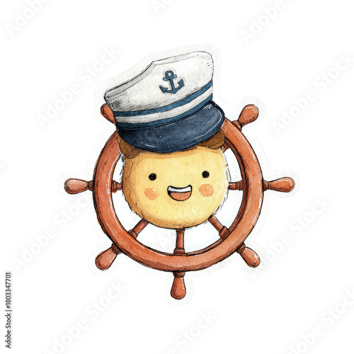 Cute Captain Character with Ship Wheel