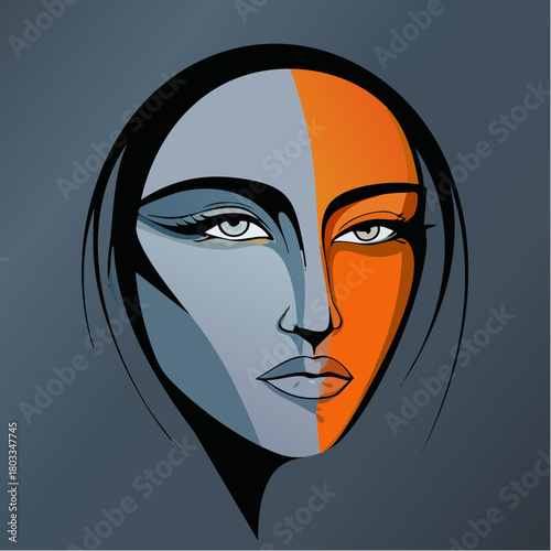 duality visage split tones blue and orange abstract portrait with bold contour