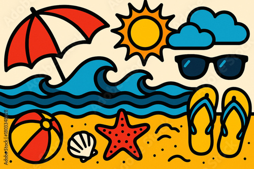 Colorful cartoon icons of sun, umbrella, waves, sunglasses, ball, shell, starfish, flip-flops, and sand.