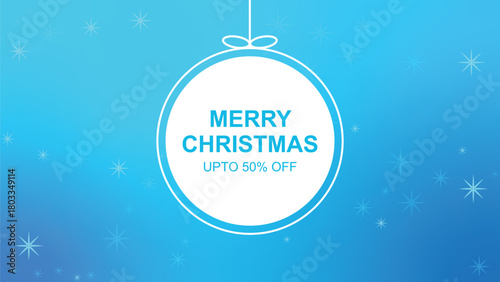 A festive blue Christmas background with white snowflakes and a hanging ornament featuring a 'Merry Christmas Upto 50% Off' sale message.