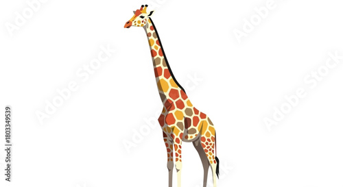 Stylish flat-vector giraffe with elongated clean proportions, geometric spots, warm earthy palette, isolated on white background