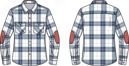 Plaid shirt front back view, long sleeve garment sketch, button down collar, chest pockets, elbow patches, fashion flat, apparel template, textile design