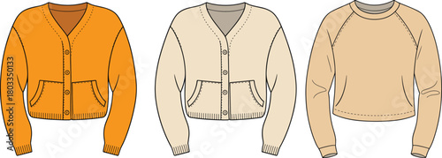 Sweater fashion illustration, V-neck cardigan, crew neck pullover, casual knitwear design, winter clothing template, garment sketch, trendy apparel, cozy outfit, textile style, fashion flat