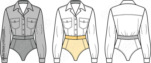 Women's bodysuit fashion sketch, long sleeve collared design, button front shirt style, technical garment drawing, apparel template, digital outline, front back view
