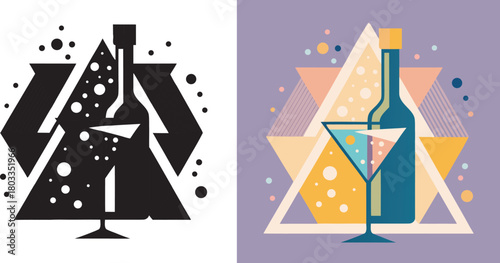 Celebrate with vibrant abstract art featuring a stylish bottle and martini glass, perfect for festive occasions and modern design projects.