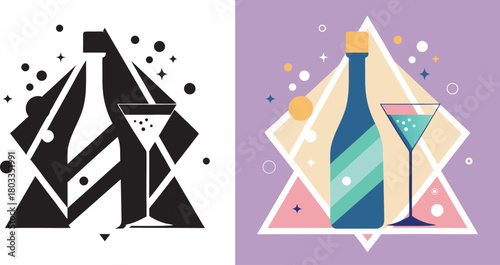 Celebrate with a sparkling drink and festive abstract shapes, perfect for party invitations, event promotions, and joyful occasions.