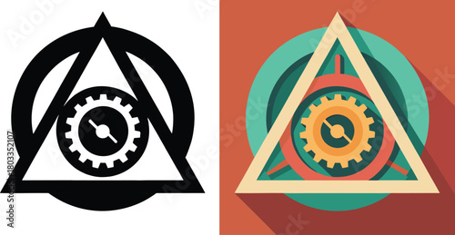 Striking geometric symbol featuring a central gear within a triangle and circle, evoking themes of precision engineering, innovation, and intricate design.