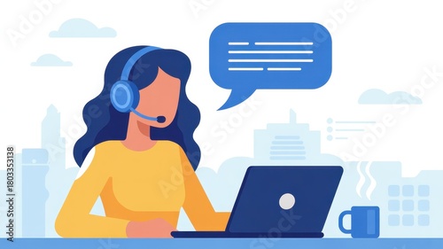 Empathetic Customer Support: An illustration of a dedicated female support specialist provides assistance, her headset and laptop facilitating clear communication