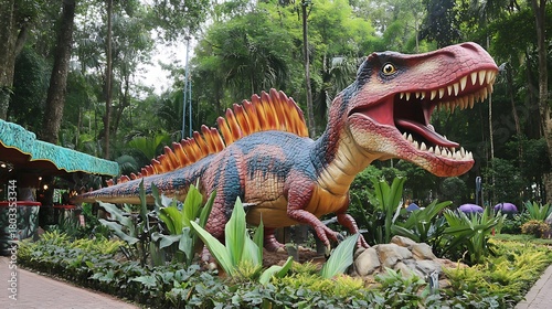 Animatronic dinosaur in a park with trees and plants on a sunny day