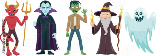 Cute Halloween cartoon characters featuring devil, vampire, zombie, wizard, and ghost, spooky fantasy costume set for festive celebration illustrations