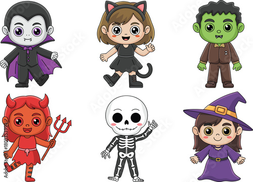 Cute Halloween kids dressed as vampire, cat girl, Frankenstein monster, devil, skeleton, and witch, adorable cartoon character costume illustration set