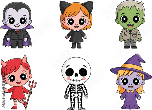 Cute Halloween kids in vampire, cat girl, zombie, devil, skeleton, and witch costumes, adorable cartoon character set for festive illustrations