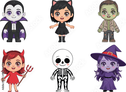 Cute Halloween kids in vampire, cat girl, zombie, devil, skeleton, and witch costumes, adorable cartoon character set for festive illustrations