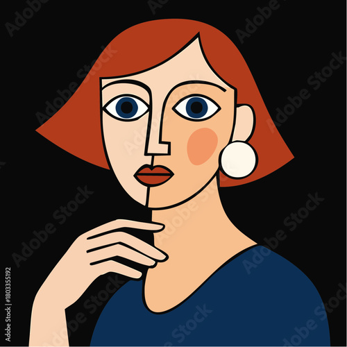 red-haired cubist portrait blue eyes hand pose bold earring modern abstract femme
