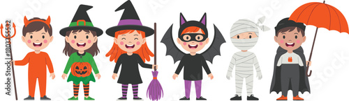 Group of cute children in Halloween costumes including devil, witch, bat, mummy and vampire, fun spooky trick-or-treat illustration