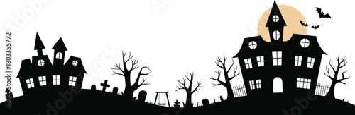 Halloween haunted house silhouette with graveyard, spooky trees and bats under full moon, eerie night scene perfect for scary holiday designs