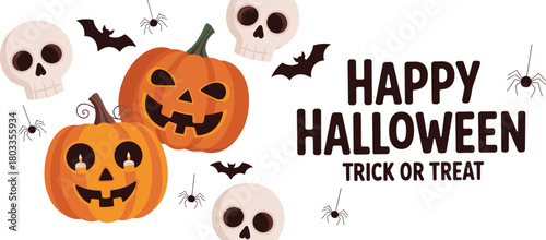 Happy Halloween banner with pumpkins, skulls, bats and spiders, playful trick or treat design in bright spooky festive holiday style