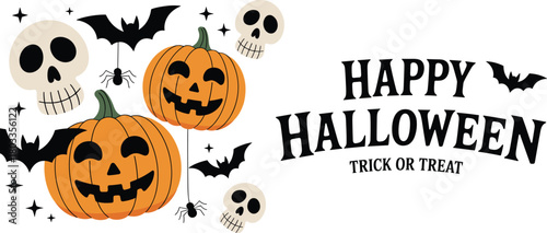 Happy Halloween banner with pumpkins, skulls, bats and spiders, playful trick or treat design in bright spooky festive holiday style