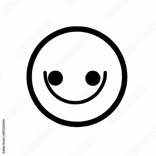 A simplistic black and white drawing of a smiling face with circular eyes and mouth outline
