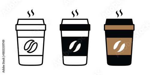 Coffee Cup Icon Set. Hot Drink To-Go Vector. Line, Solid, and Color Style