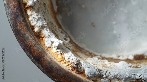 limescale. Interior of a metal kettle coated with thick white limescale deposits under side lighting. safety posters.