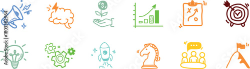 Business idea, startup doodle line icon set. Hand drawn doodle sketch line style business strategy, finance goal, startup idea concept. Rocket, target, brain cute element. Vector illustration