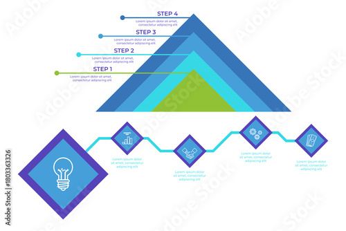 Infographic set outlining step-by-step process for designing infographics. It visually representing progress from one step to another, indicating key actions at each stage