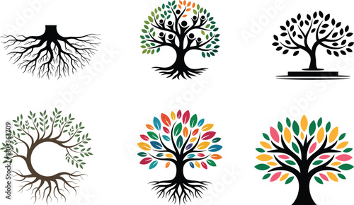 Collection of stylized trees vector design illustrations variety