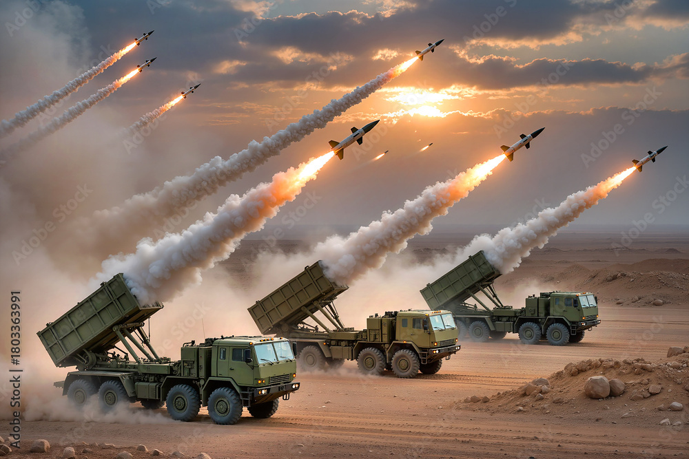 Fototapeta premium Military missile trucks laucher firing missiles into the sky in dessert war