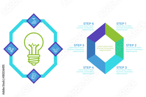 Infographic presenting step-by-step guide using visual elements like light bulbs and geometric shapes. It illustrating structured approach to project or idea development