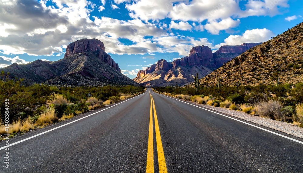 Naklejka premium Asphalt road framed by desert landscape, mountains, and bright clouds