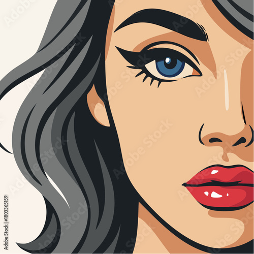 polished pop beauty profile glossy red lips dramatic eyeliner modern vector portrait