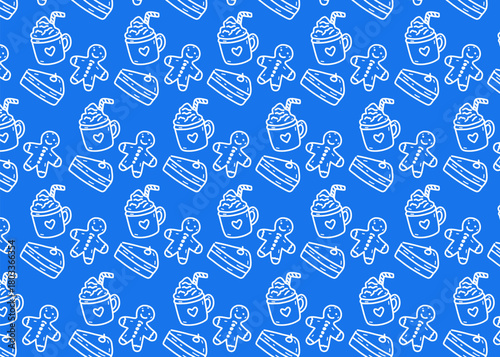 Seamless dessert pattern hand-drawn illustrations of gingerbread cookies, whipped-cream hot drinks, and cake slices. The doodle line art style creates a festive look, holiday, blue background