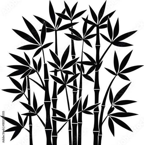 Black bamboo stalk silhouette with leaves vector graphic
