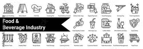 Food & Beverage Industry  icon sheet and collection containing: restaurant building, menu board, chef hat, cooking pot, food delivery scooter, online order app, digital payment