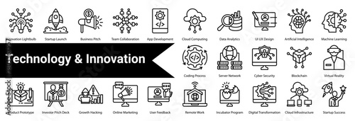 Technology & Startup Innovation  icon sheet and collection containing: innovation lightbulb, startup launch, business pitch, team collaboration, app development, cloud computing, data analytics