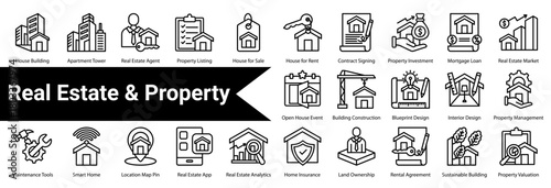 Real Estate & Property  icon sheet and collection containing: house building, apartment tower, real estate agent, property listing, house for sale, house for rent, contract signing, property investmen