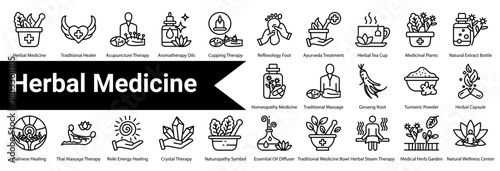 Alternative & Herbal Medicine icon sheet and collection containing: herbal medicine, traditional healer, acupuncture therapy, aromatherapy oils, cupping therapy, reflexology foot, ayurveda treatment, 