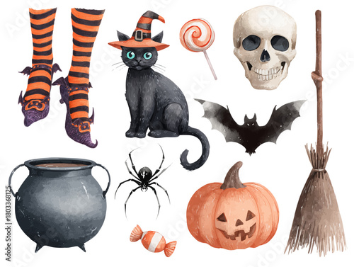 Watercolor Halloween Clipart Bundle with Witch Boots, Black Cat in a Witch Hat, Lollipop, Skull, Bat, Cauldron, Spider, Pumpkin, Broom, and Candy
