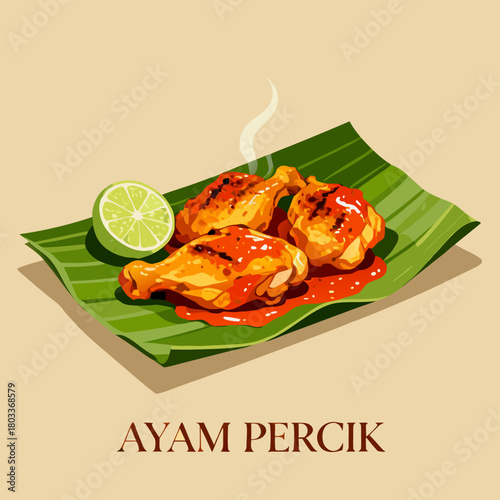 Ayam percik,spicy grilled chicken drumsticks in a rich red sauce, presented on a banana leaf with fresh lime, a flavorful illustration of Asian barbecue cuisine