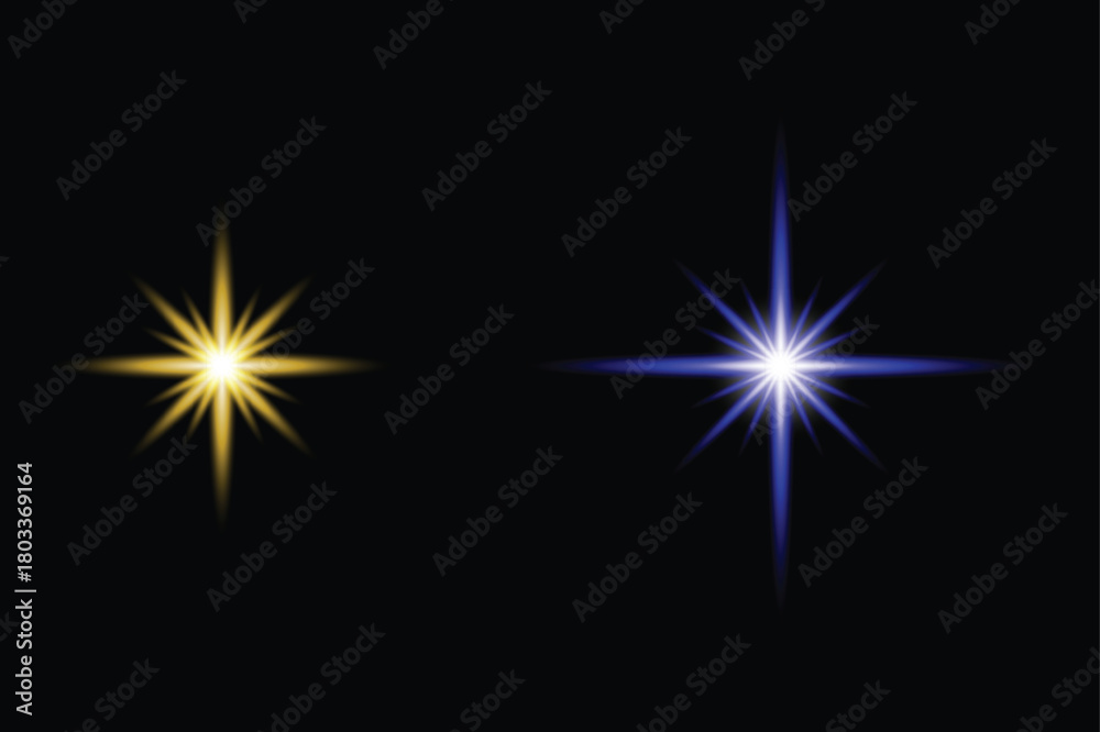 Fototapeta premium Two bright starbursts, one yellow and one blue, shining against a black background, representing light, energy, and cosmic phenomena