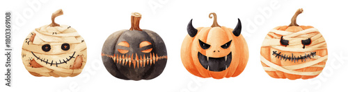 Adobe IllustraWatercolor Halloween Clipart Collection of Spooky Jack-o'-Lanterns with Mummy Wraps, Devil Horns, Stitches, and Candy Cane Stripes Designstor Artwork