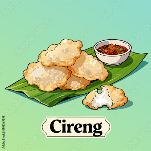 Cireng,A detailed illustration of a traditional Indonesian street food snack, crispy fried tapioca fritters served on a banana leaf with a spicy chili dipping sauce