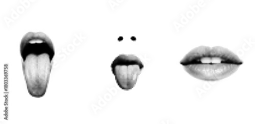 Black Dot Art Oral Features Collection: Various Shapes of Lips and Tongue Composed Entirely of Black Dots