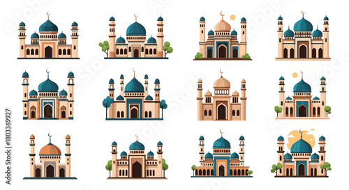 A collection of beautifully illustrated mosques showing different architectural styles and decorative elements.